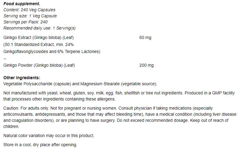 Ginkgo Biloba 60 mg - 240 kapsułek