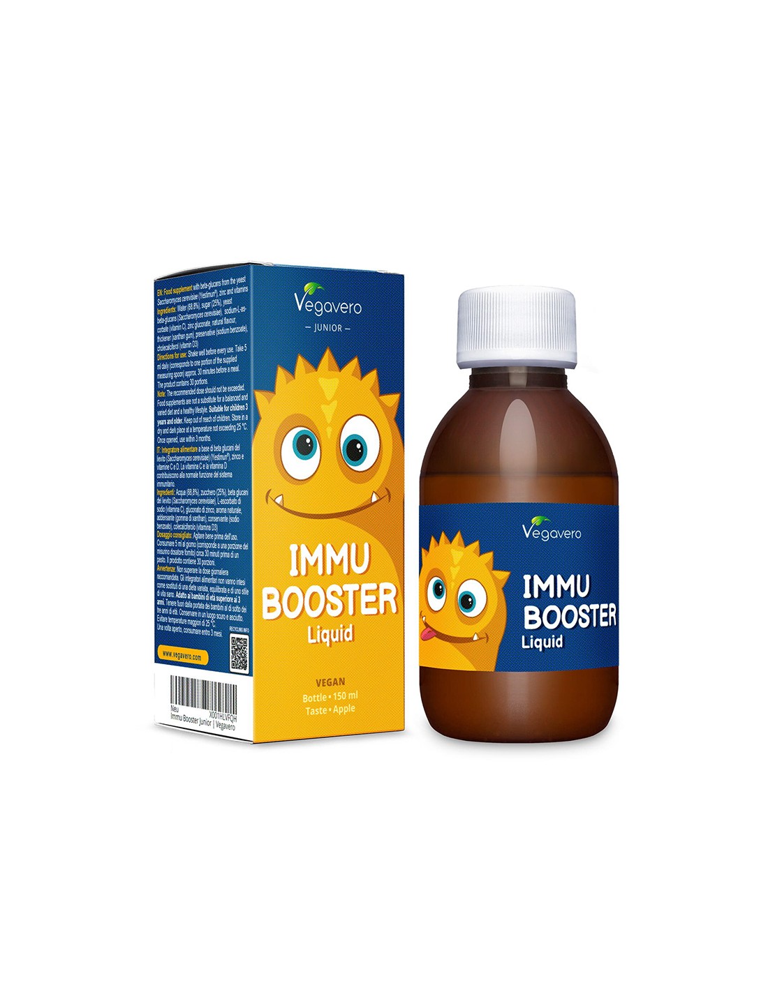 IMMU stiprintuvų skystis - imunostimuliacinis sirupas vaikams, sergantiems beta gliukanais, cinko + vitamino C ir D3, 150 ml, su obuolio skoniu