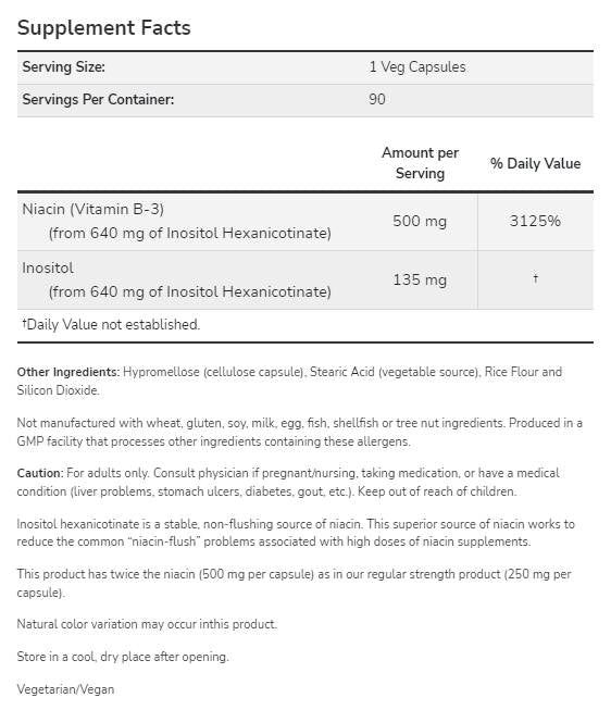 Flush-vrije niacine 500 mg | Dubbele kracht - 180 capsules