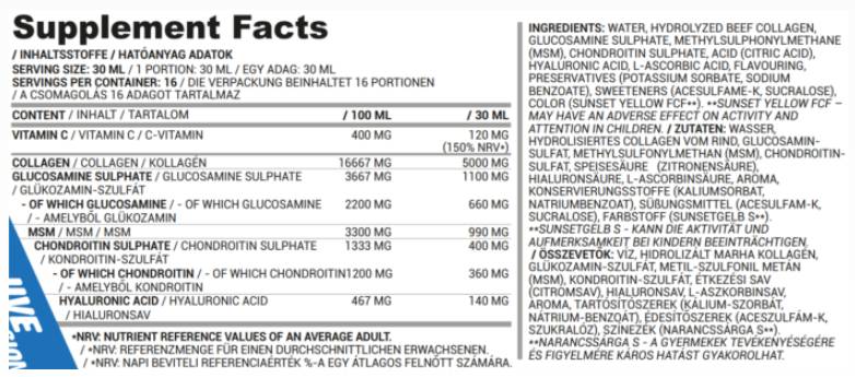 Jungtinės apsaugos skystis | Kolagenas, MSM, gliukozaminas, chondroitinas, hialurono rūgštis - 500 ml