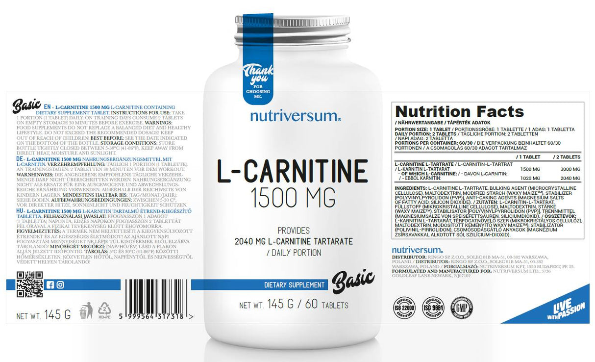 L -carnitina 1500 mg - 60 tabletas