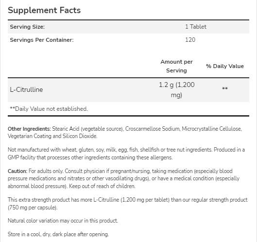 L-Citrulline 1200 mg | Extra Strength - 120 Tablets