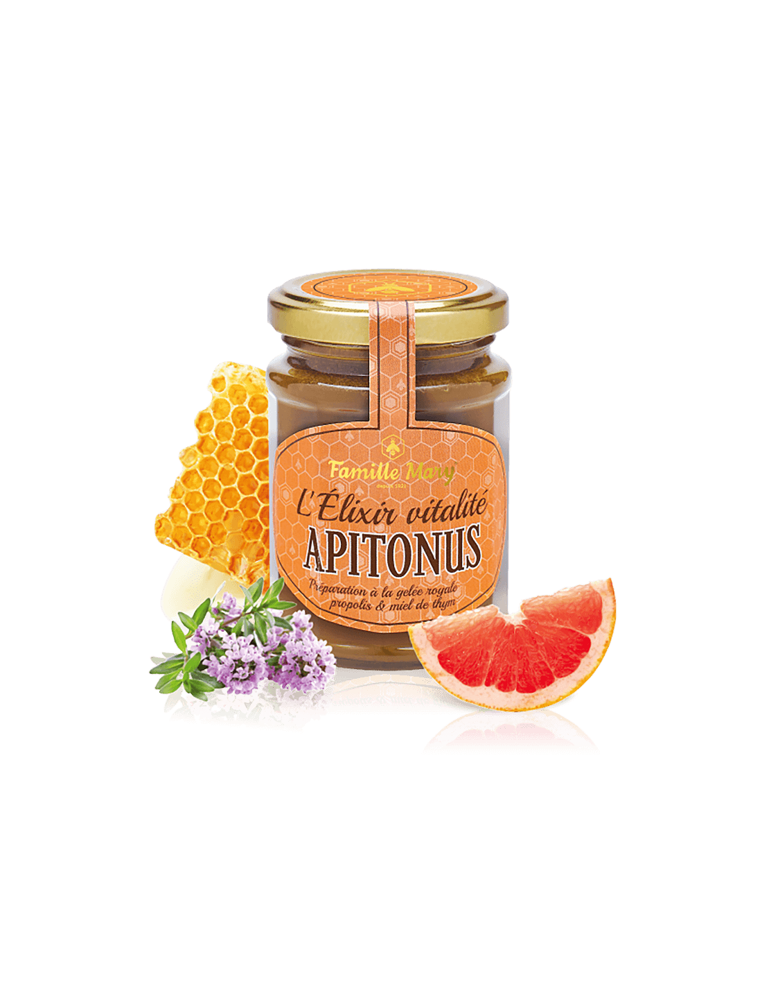 L'Élixir vitalité Apitonus / Apitonus vital elixir with royal jelly, propolis and thyme honey, 230 g Famille Mary