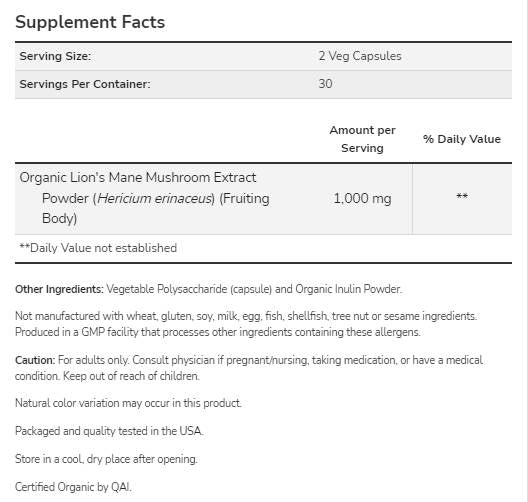 Lion's Mane 500 mg | Wykonane z grzybów lwa ekologicznego - 60 kapsułek