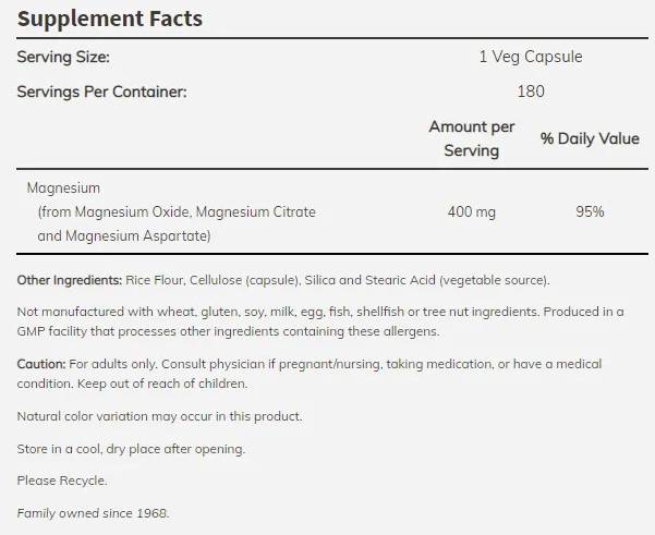 Magnesium Caps 400 mg - 180 capsules