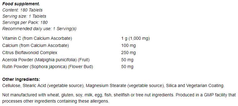 Complejo de vitamina C -1000: amortiguado con 250 mg de bioflavonoides - 180 tabletas
