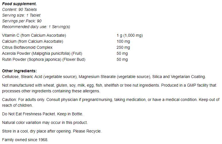 Complejo de vitamina C -1000: amortiguado con 250 mg de bioflavonoides - 180 tabletas