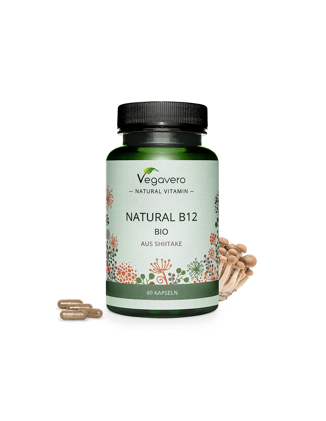 Přírodní B12 BIO aus Shiitake/ Vitamín B12 (z bio léčivých hub shiitake), 60 kapslí, 100% Vegan <tc>Vegavero</tc>