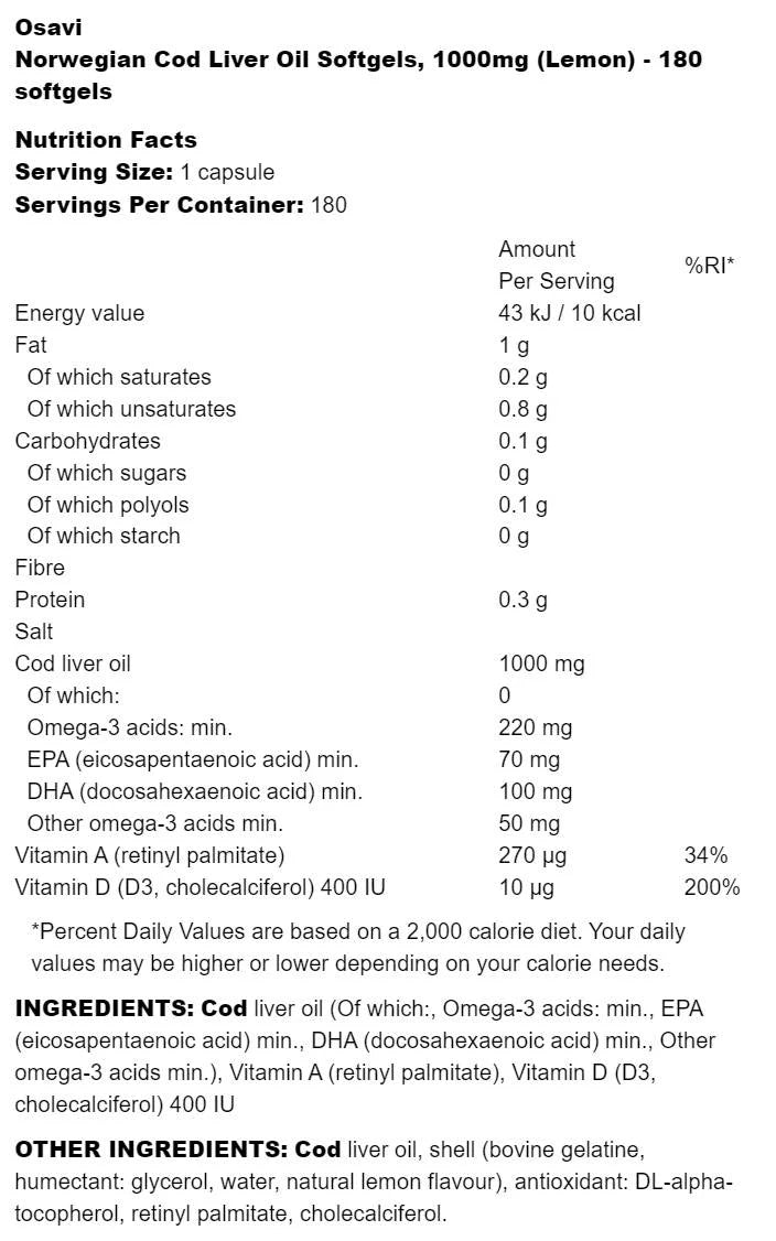 Norweský olej z jater tresky 1000 mg | Citron ochucené - 180 gelových tobolek