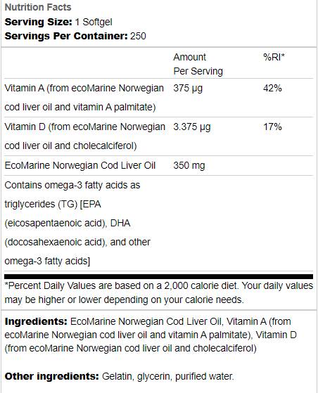 Norwegian Cod Liver Oil 350 mg 250 Gel capsules