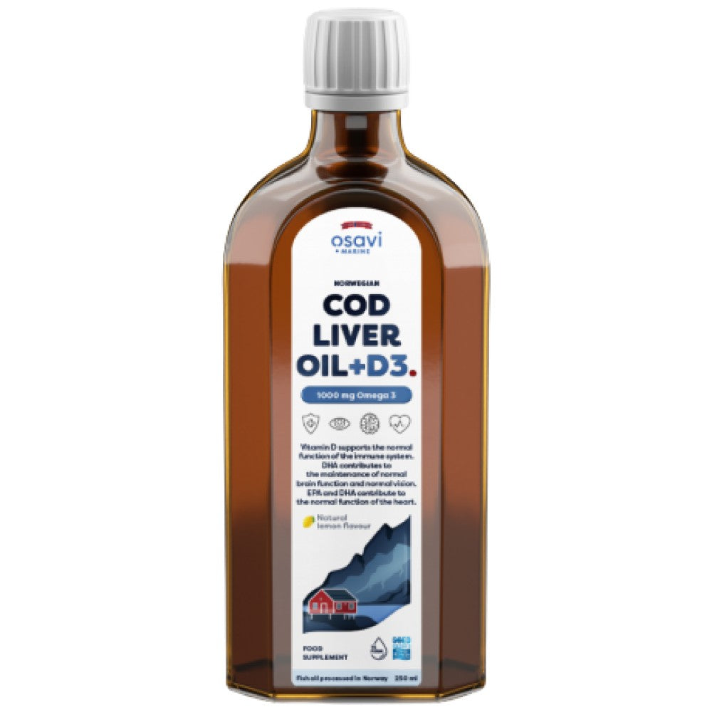 Norweský olej z jater tresky + D3 | Citronová ochucená kapalina Omega + D3 - 250 ml