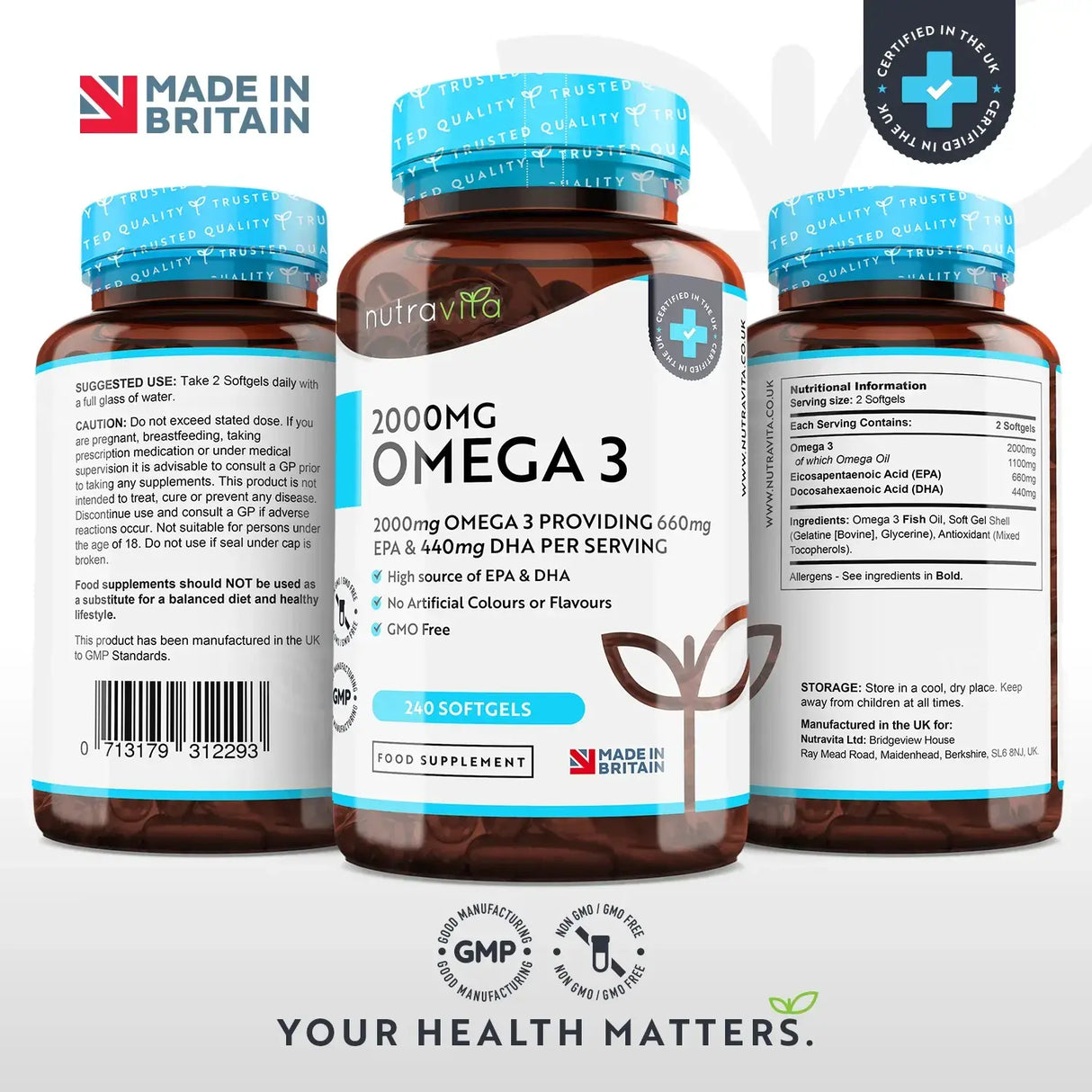 Omega 3 2000 mg /EPA 660 mg, DHA 440 mg/ Čistý rybí olej /240 kapslí, 120 dávek/ <tc>Nutravita</tc>
