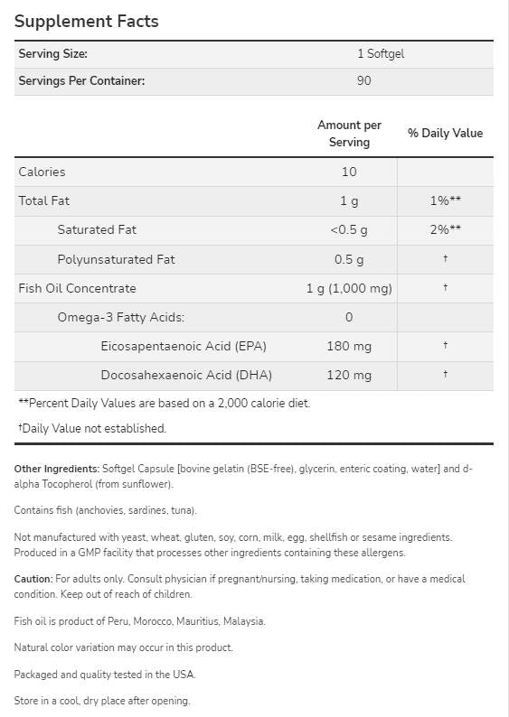 Omega -3 žarnyno padengtas - 180 minkštųjų duobių
