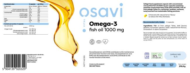 Omega 3 Fish Oil 1000 mg / Lemon Flavor - 180 Gel capsules