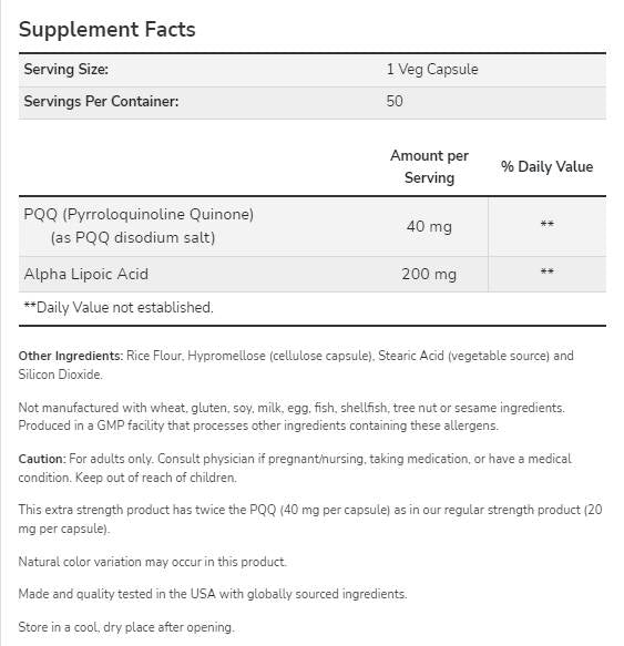 PQQ 40mg Extra Strength | with Alpha Lipoic Acid 200 mg - 50 capsules