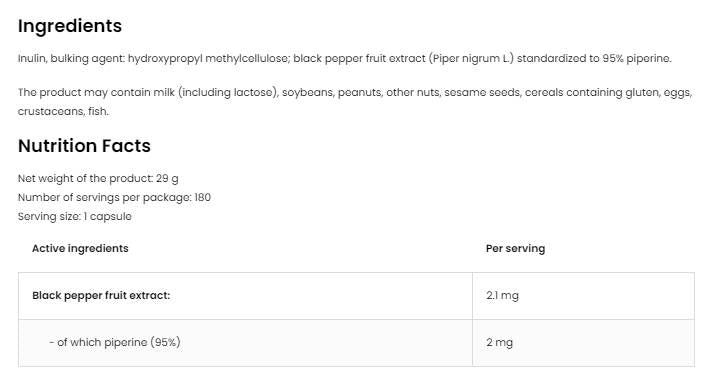 Piperine 95 Vege | 2 mg 180 capsules
