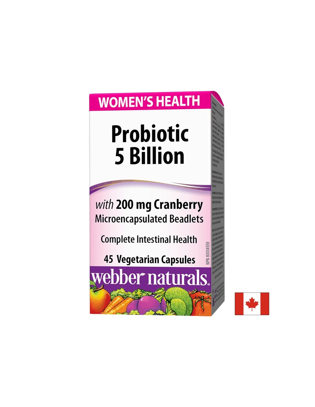 Probiotica voor de gezondheid van vrouwen/ Probiotica voor vrouwen 5 stammen, 5 miljard. actieve probiotica + Cranberry x 45 capsules <tc>Webber Naturals</tc>