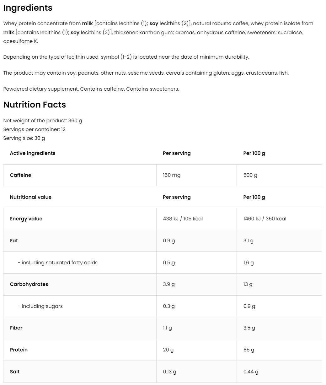 Café de proteínas | Proteína con cafeína 360 gramos