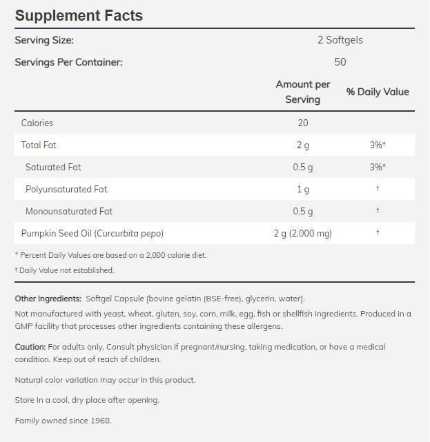 Pumpkin Seed Oil 1000 mg - 200 Gel capsules