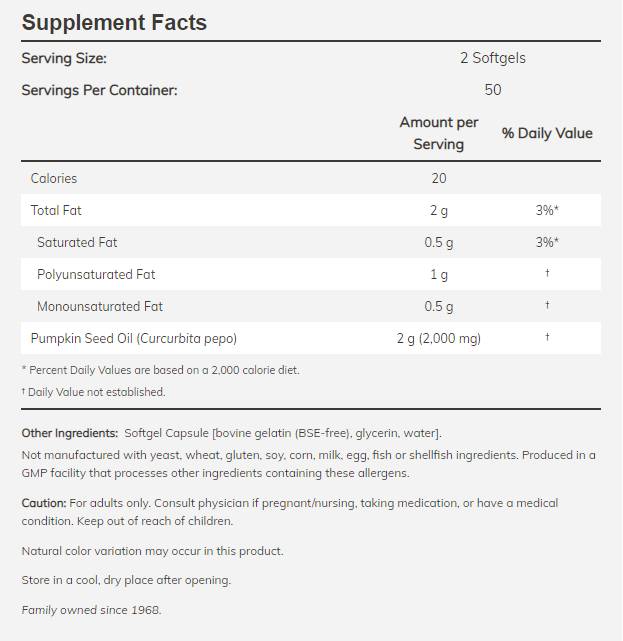 Pumpkin Seed Oil 1000 mg - 200 Gel capsules