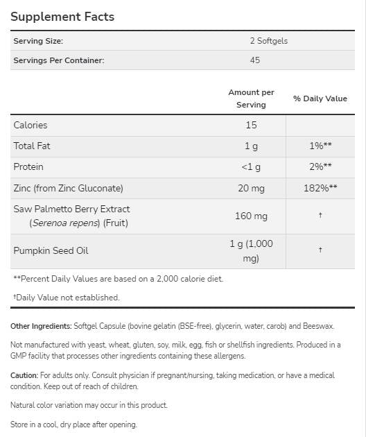 Saw Palmetto Extract | with Pumpkin Seed Oil and Zinc - 90 Gel capsules