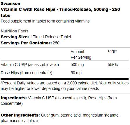 Timed-Release Vitamin C 500 mg | With Rose Hips 250 Tablets