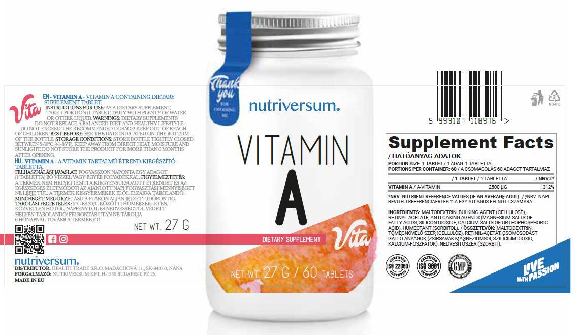 Vitamina A 2500 MCG - 30 tabletas