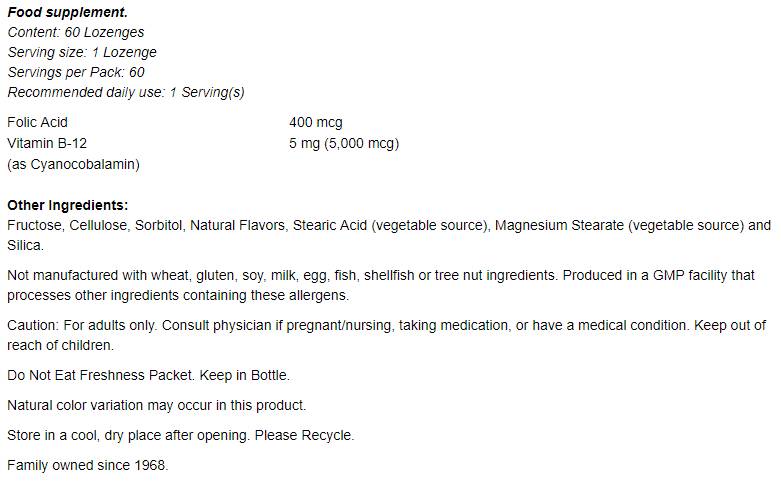 Vitamin B -12 5000 mcg s kyselinou listovou - 60 sublingválních tabletů