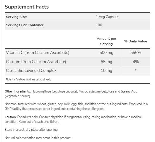 Vitamina C-500 | Calcio ascorbate -c - 250 cápsulas