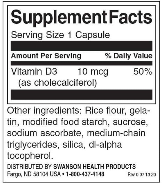 Vitamina D -3 400 UI - 250 cápsulas