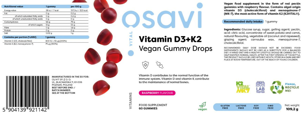 Vitamina D3 400 IU + K2 75 McG | Gotas de goma vegana - 60 dulces