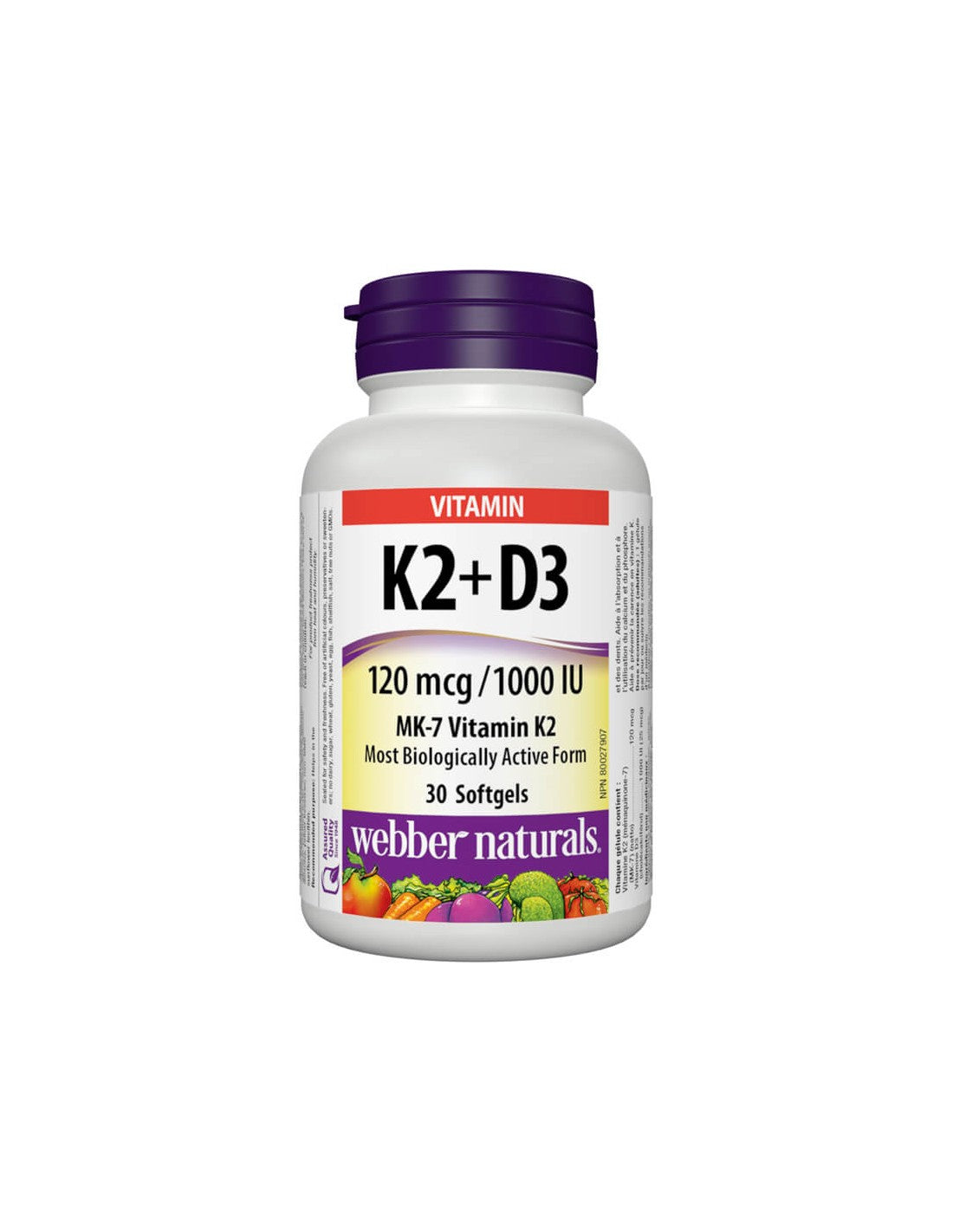 Vitaminas K2 + D3 / Vitaminas K2 120 µg + D3 1000 IU, 30 „Softgel“ kapsulių „Webber“ Naturals