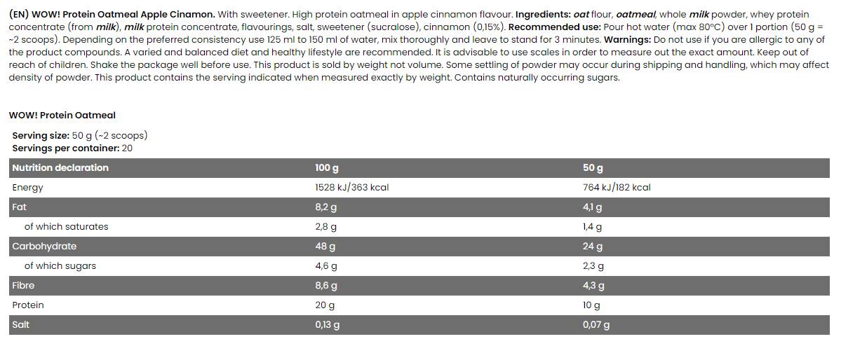 WOW! Protein Oatmeal | 20% Protein - No Sugar Added - 1000 grams