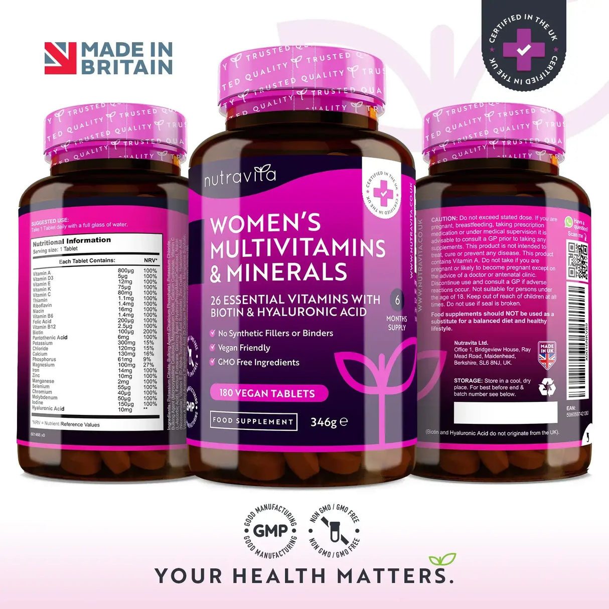 Women's Multivitamins with Biotin and Hyaluronic Acid 180 Vegan Tablets