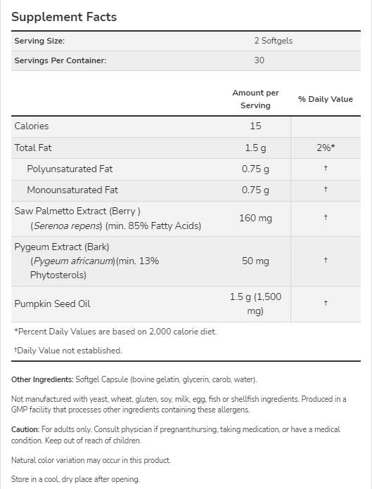 Pygeum & Saw Palmetto / Próstata Saudável - 120 cápsulas de gel