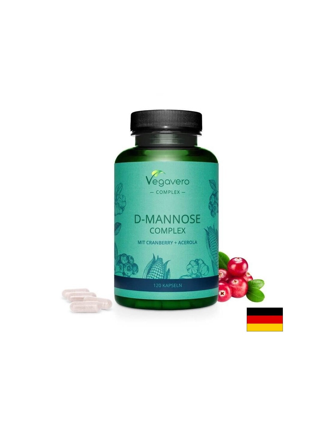 D-Mannose Complex mit Cranberry + Acerola/ D-mannose complex with cranberry and acerola, 120 capsules, 100% Vegan Vegavero