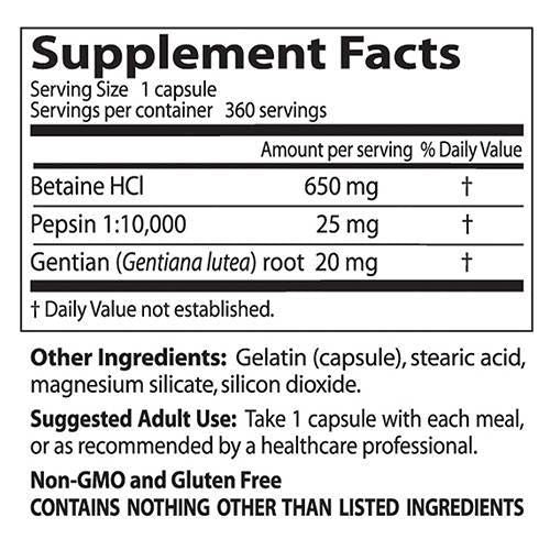 BEST Betaine HCL 650 mg / with Pepsin & Gentian Bitters - 360 capsules