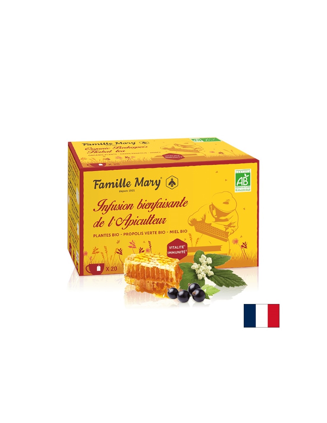 Infusion bienfaisante de l'Apiculteur/ Herbal tea for the immune system with green propolis and honey, 20 filter bags