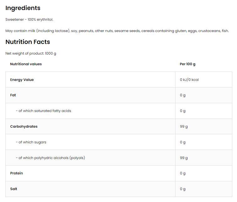 Erythritol / cukr bez cukru - 1000 gramů