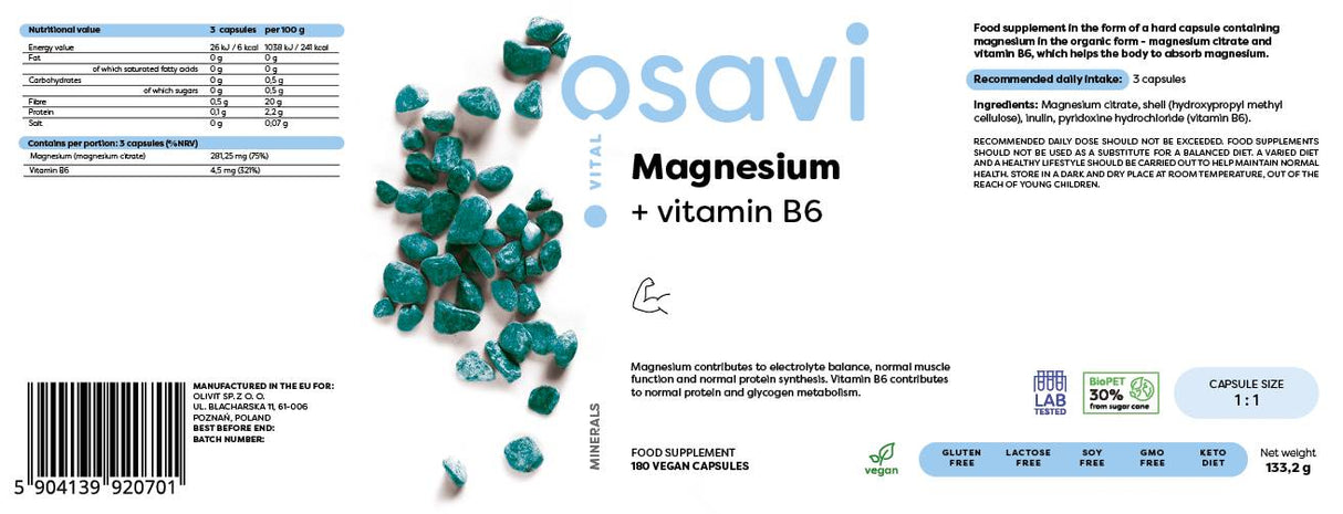 Magnesiumcitraat + vitamine B6 - 180 capsules