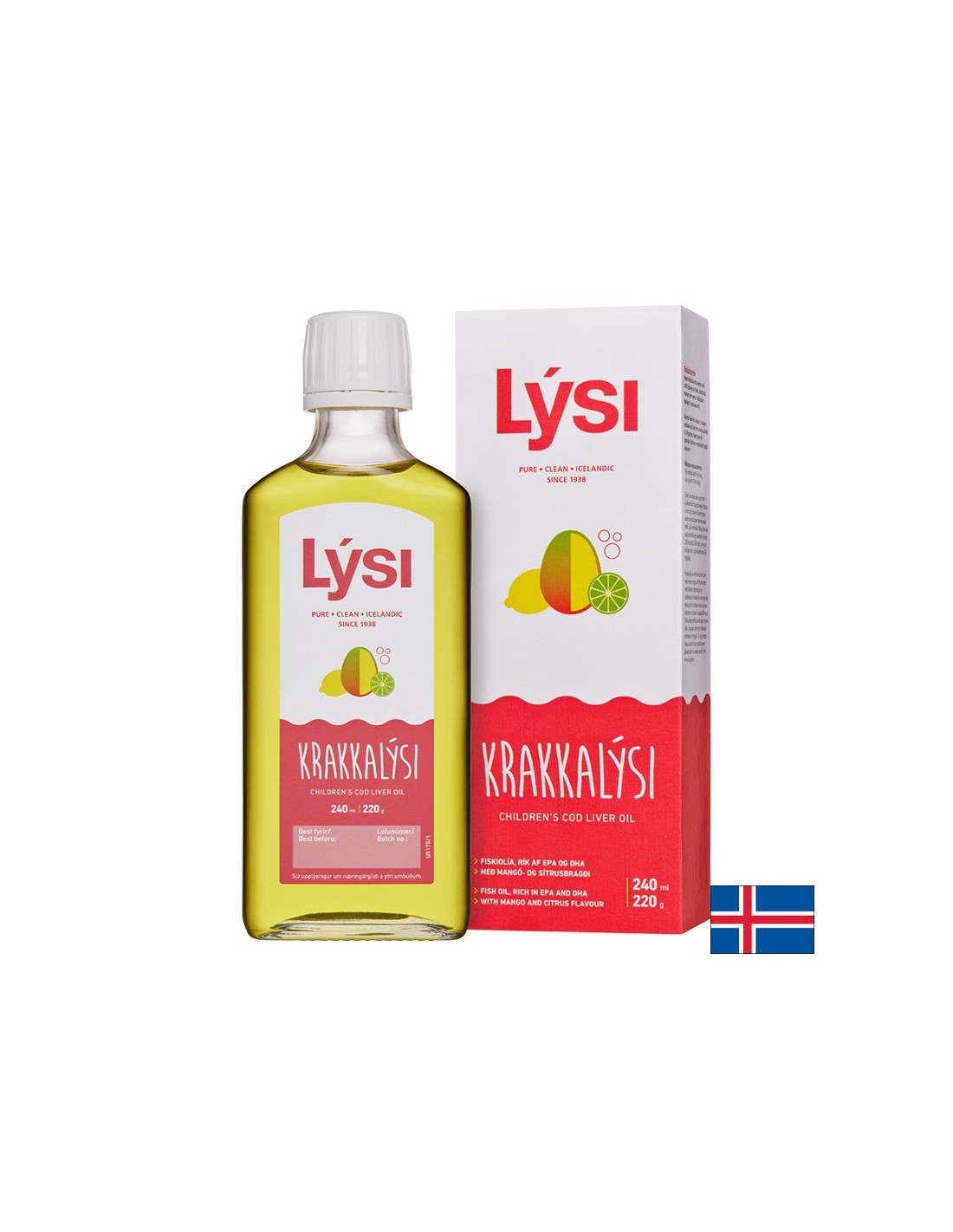 Omega-3 gyermekek és felnőttek számára 2390 mg (izlandi tőkehal-májolaj), 240 ml, mangó- és citrusfélékkel