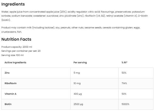 Biotin & Vitamin A & Zinek a vitamín B2 Shot - 100 ml