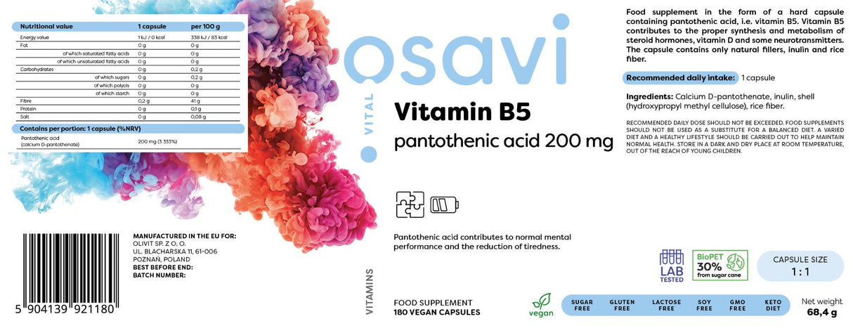 Witamina B5 | Kwas pantotenowy 200 mg - 180 kapsułek