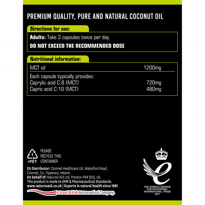 Mëttlere -chain Kokosnoss Ueleg Triglyceriden (100% MCT MCC) 1200mg 1200mg 1200mfaid Kapselen