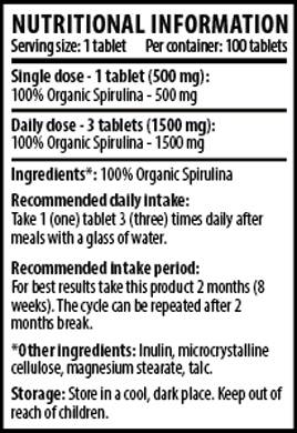 Spirulina 100% orgânica - 100 comprimidos