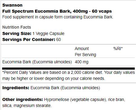 Full Spectrum Eucommia Bark 400 mg 60 capsules