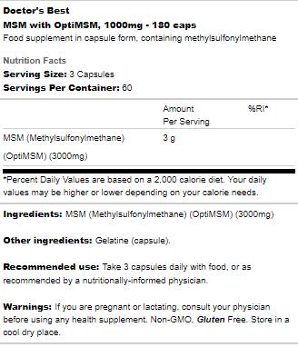 BEST MSM 1000 mg | Cu OptiMSM - 180 capsule