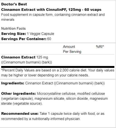 Miglior estratto di cannella con cinnulina PF 125 mg - 60 capsule