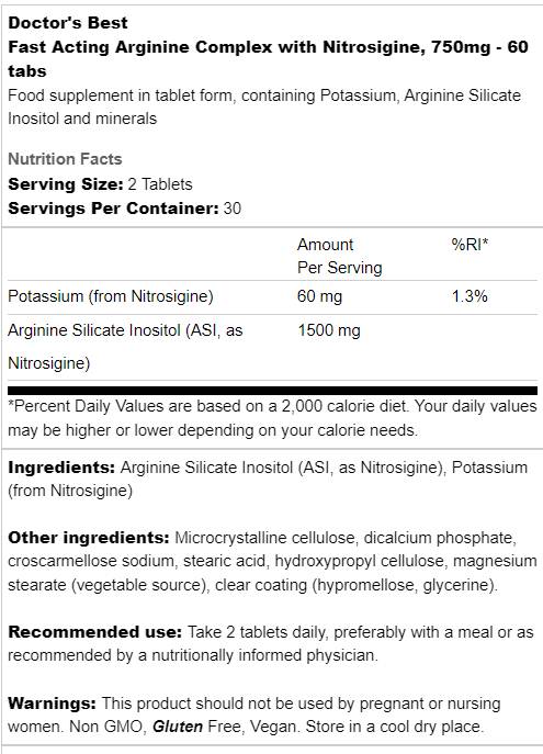 Fast Acting Arginine Complex |  With nitrosigine 750 mg - 60 tablets