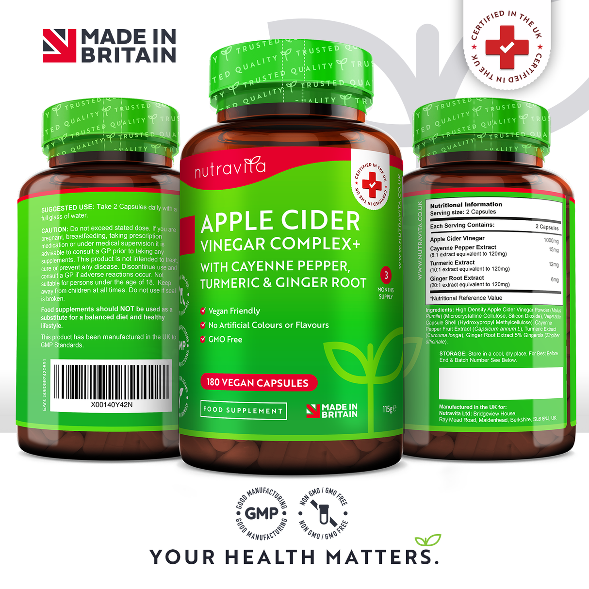 Apple Cider Vinegar 1000 mg /180 капсули, 90 дози/ Nutravita - Feel You